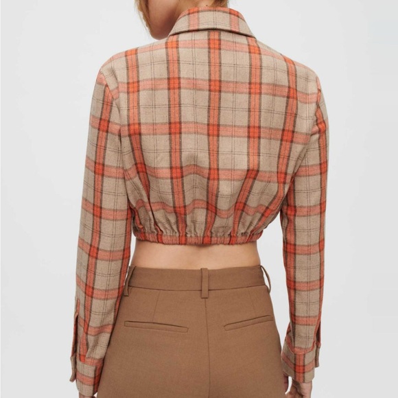 MAJE Cavellino Plaid Button-Up Crop Top - Orange and Brown Size 1 - Picture 5 of 10